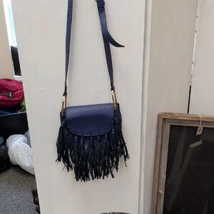 Melie Bianco Navy Fringe Crossbody Bag